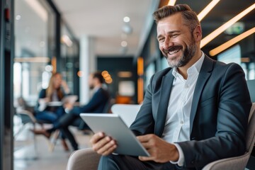 Fototapeta premium happy businessman, dressed in a business suit, exudes joy as he plans strategy with focused attention on the laptop screen in the modern office.