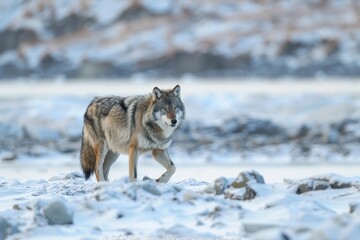 Naklejka premium Gray wolf surveys the icy tundra, its fur thick and protective against the harsh cold. The stark landscape highlights the wolf’s strength and adaptability in the wild.