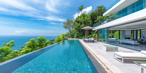 Fototapeta premium Modern infinity pool overlooking tropical ocean at a luxurious villa