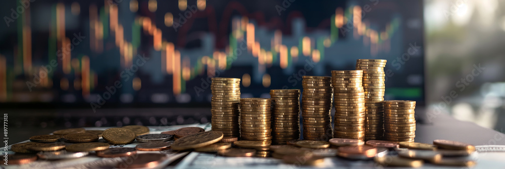Aufkleber Golden coins stacking high representing growth on desk with charts displaying on laptop screen in background