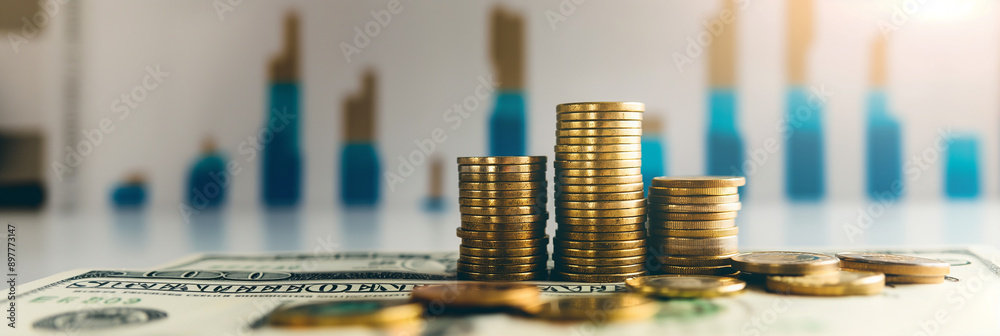 Poster gold coins stack growing up in front of graph representing business growth