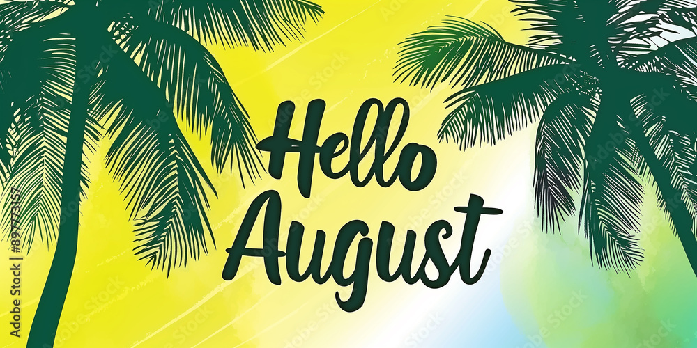 Aufkleber hello august lettering with palm trees on yellow background