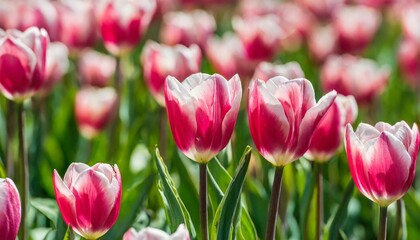 Pink tulip bloom, red beautiful tulips field in spring time with sunlight