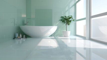 Modern bathroom with resin flooring, serene color palette with a high-gloss topcoat, seamless and waterproof, spa-like atmosphere