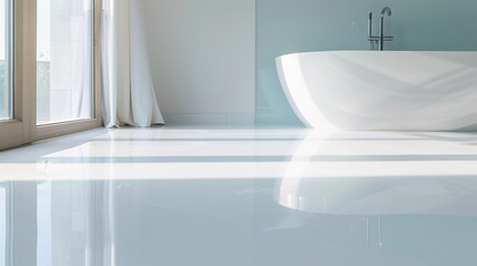 Modern bathroom with resin flooring, serene color palette with a high-gloss topcoat, seamless and waterproof, spa-like atmosphere