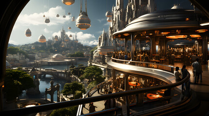 Obraz premium A futuristic cityscape with flying vehicles and a rooftop bar overlooking a river. The architecture is a blend of organic and geometric forms, creating a sense of wonder and intrigue.