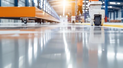 Obraz premium Polished epoxy resin floor being applied in a modern, heavy-duty workspace, smooth and seamless, showcasing the durability and reflective quality of the resin