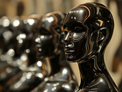 Row of Shiny Black Mannequin Heads in Store Display. Close-up of shiny black mannequin heads in a row, showcasing a sleek and futuristic store display.