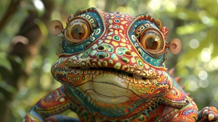 Obraz premium Hyper-realistic 3D cute monster with large expressive eyes and fluffy fur or scales, posed playfully against an enchanted forest backdrop.