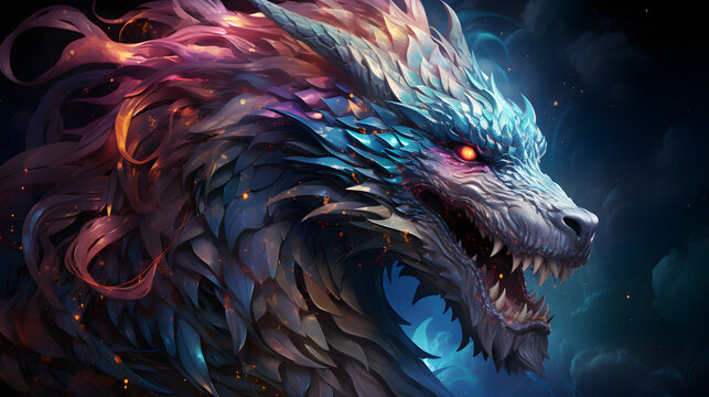 A close-up of a mythical, ice-like creature with a fierce, snarling expression. Its body is covered in scales and its mane resembles flowing flames. - Powered by Adobe