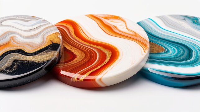 Stylish epoxy resin coasters with intricate decorative patterns, rich colors and artistic flair, glossy finish, perfect blend of functionality and aesthetics