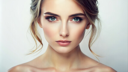 Fototapeta premium Soft focus beautiful female face outline with gentle features and subtle makeup on a pure white background, conveying simplicity and elegance.