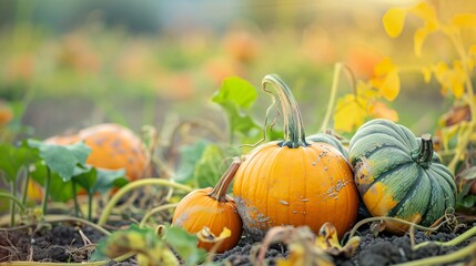Close up of ripe pumpkins in a patch.