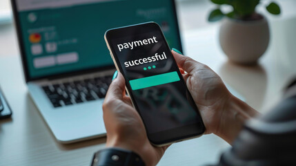 A woman is holding a cell phone that says "Payment Successful" on it.
