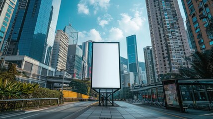 Attractive vertical blank white screen billboard mock-up at a modern city skyline in the background.