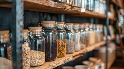 Shelves displaying glass jars and bottles with natural organic food ingredients.