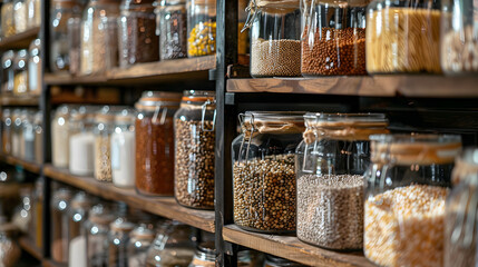 Glass jars and bottles on shelves filled with natural organic food ingredients.