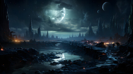A desolate alien landscape under a crescent moon. A winding river flows through rocky terrain with strange alien structures in the distance.