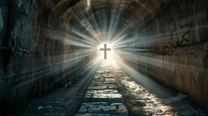 Cross at the end of a tunnel with rays of sunlight and stone path