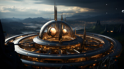 A futuristic city with glowing lights and sleek architecture nestled amidst a dark mountain range with an ethereal sky above.