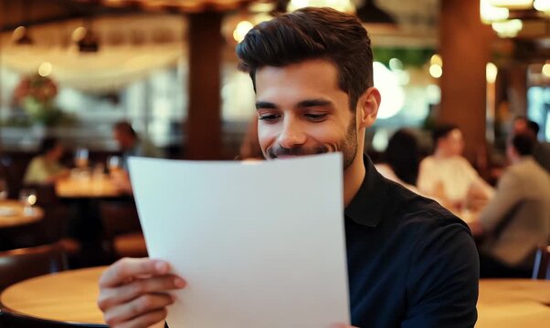 Handsome man holding a blank sheet of paper in a restaurant