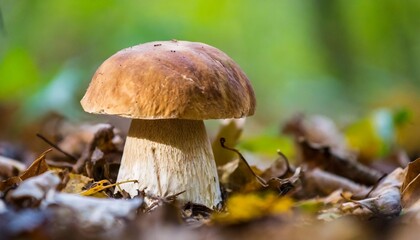 Porcini mushrooms among fallen leaves in the forest. Close-up.