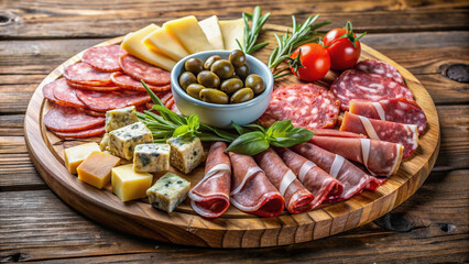 Naklejka premium Delicious Italian cold cuts platter featuring cured ham, salami, prosciutto, pepperoni, olives, artichoke hearts, and rich cheeses arranged on a rustic wooden board.