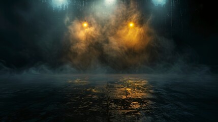 Fototapeta premium Dark street, asphalt abstract yellow background, empty dark scene, neon light, spotlights The concrete floor and studio room with smoke float up the interior texture for display products, Night view 