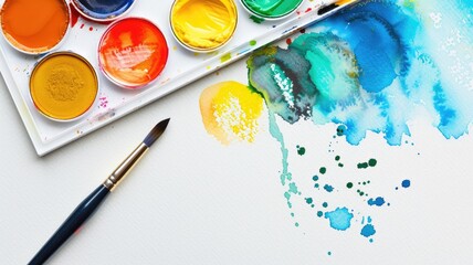 Fototapeta premium Vibrant watercolor paints and brush on white paper canvas