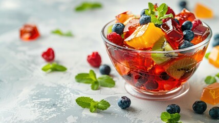 Colorful fruit and gelatin dessert in glass bowl, garnished with mint