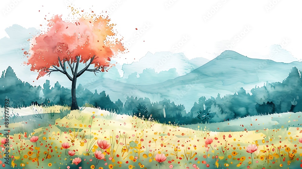 Wall mural illustration of watercolor spring nature landscape