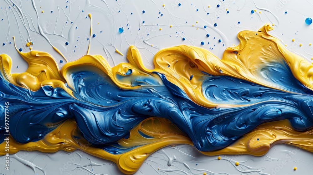 Poster Blue And Yellow Paint Swirls On White Background