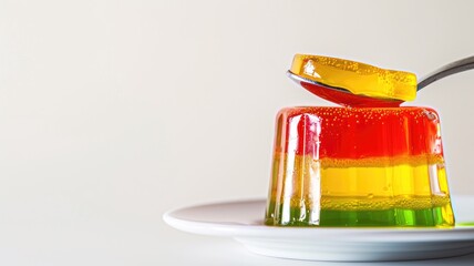 Colorful layered gelatin dessert on white plate