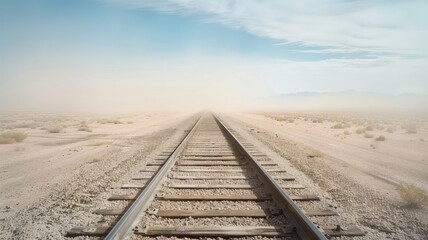 Endless railway track stretches through barren desert landscape under clear sky