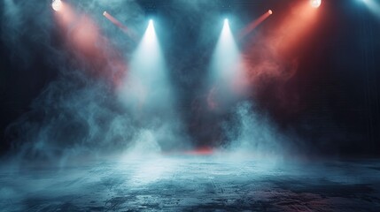 Naklejka premium Stage light background, Studio room, Entertainment show, smoke, smog, neon spotlights, reflections of rays, concrete floor, interior texture for display products, Night empty stage