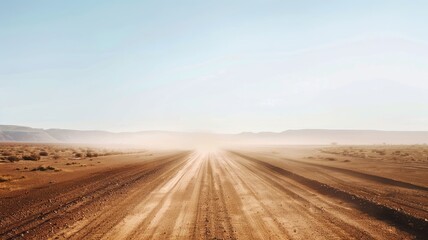 Naklejka premium Dusty desert road stretching into horizon under clear sky
