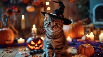 A cute cat is wearing a halloween costume. Backgound. Halloween theme. Halloween cat in witchy hat, coffee, pumpkins and burning candles 