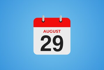 Icon calendar day. 29 August. 29th days of the month, illustration style. Date day of week Sunday, Monday, Tuesday, Wednesday, Thursday, Friday, Saturday
