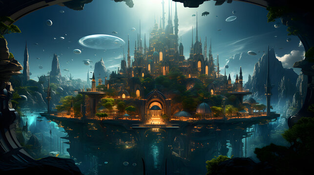 A breathtaking, futuristic cityscape is suspended above a vast, watery abyss, with flying vehicles and glowing lights illuminating the scene. - Powered by Adobe