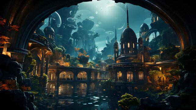 A view of a fantasy city, with tall buildings and large glowing orbs, seen through a large archway. The city is surrounded by lush greenery and a reflective pool of water.