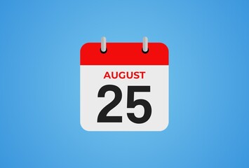 Icon calendar day. 25 August. 25th days of the month, illustration style. Date day of week Sunday, Monday, Tuesday, Wednesday, Thursday, Friday, Saturday