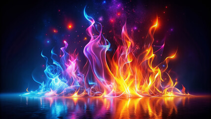 Vibrant neon flames erupt in a mesmerizing dance of light and heat, casting an otherworldly glow on the dark background, evoking a sense of intense energy.