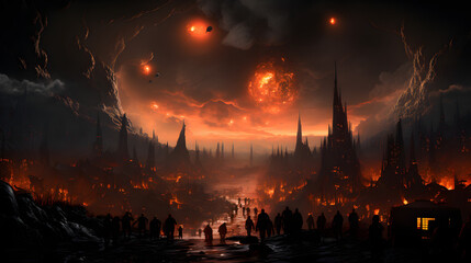 Obraz premium A fiery, apocalyptic landscape with a glowing sky and a city on fire. A group of figures walk towards the light in the distance.