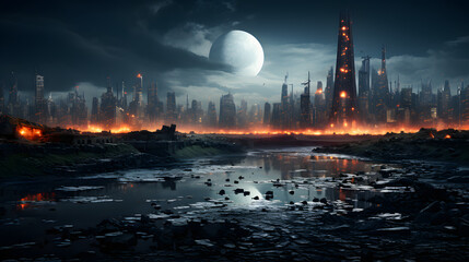 A futuristic cityscape burns in the distance, reflecting off a dark, shallow pool of water. The glow of the burning buildings illuminates the night sky.