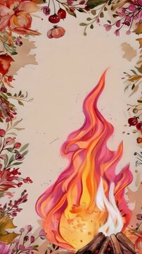 A decorative design featuring a blank canvas bordered by colorful autumn leaves and flowers. The bottom right corner has a campfire with purple and orange flames. The scene appears to be set in the
