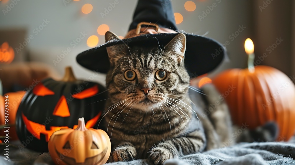 Canvas Prints A cute cat is wearing a halloween costume. Backgound. Halloween theme. Halloween cat in witchy hat, coffee, pumpkins and burning candles 