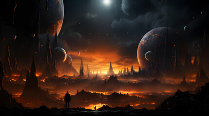 Obraz premium A lone figure stands at the edge of a fiery, alien landscape. Tall, jagged rock formations rise from the burning ground, with a vast, fiery sky above. 