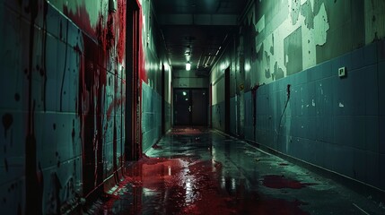 Bloody hallway, Halloween environment, horror background, sanatarium or hospital 