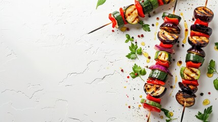 Grilled vegetable skewers with spices on white textured background