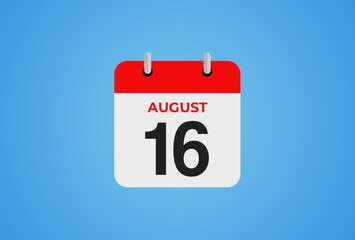 Icon calendar day. 16 August. 16th days of the month, illustration style. Date day of week Sunday, Monday, Tuesday, Wednesday, Thursday, Friday, Saturday. 